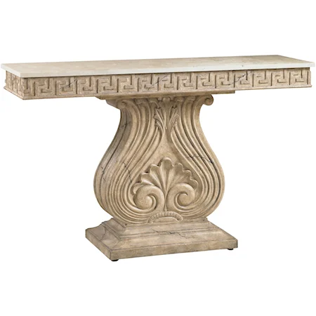 Aspirations Single Pedestal Console Table with Custom Cast Shell & Scroll Base & Honed Travertine Top